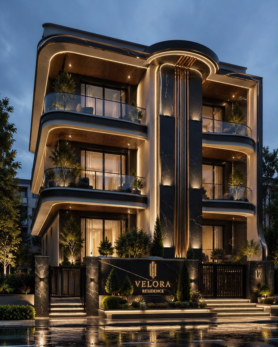 Üç katlı butik apartman projesi, gece cephe aydınlatması