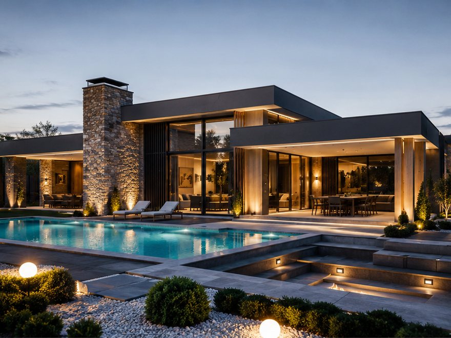 Havuzlu villa, akşam aydınlatması